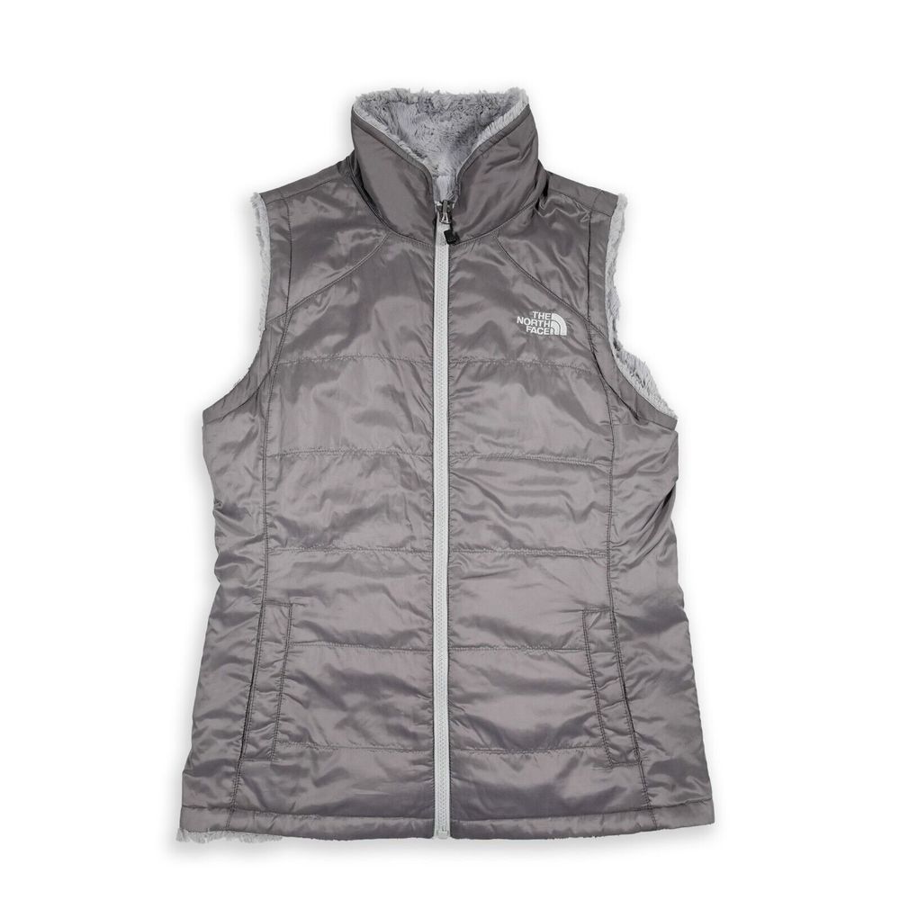The North Face Women's Reversible Faux Fur Puffer Vest Medium Gray Embroidered